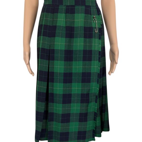 VTG Wool Tartan Kilt Skirt Plaid Wrap Midi Preppy Dark Academia Green Navy 10 - Picture 3 of 10